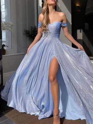 Glitter off-shoulder maxi dress with cinched waist and high slit in light blue.