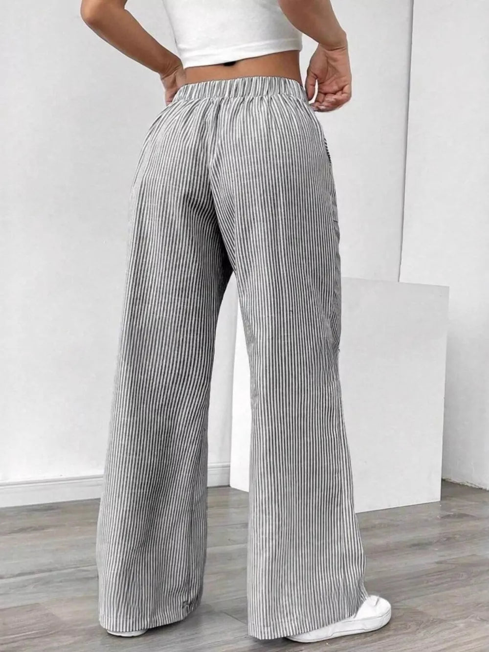 Chic striped drawstring maternity pants with pockets, wide leg, comfortable fit