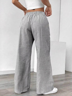 Chic striped drawstring maternity pants with pockets, wide leg, comfortable fit