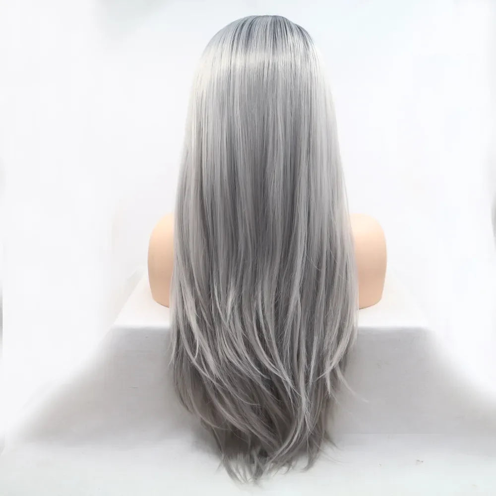 Ombre Cascade lace front wig in black/grey, showing the back view with long, layered hair.
