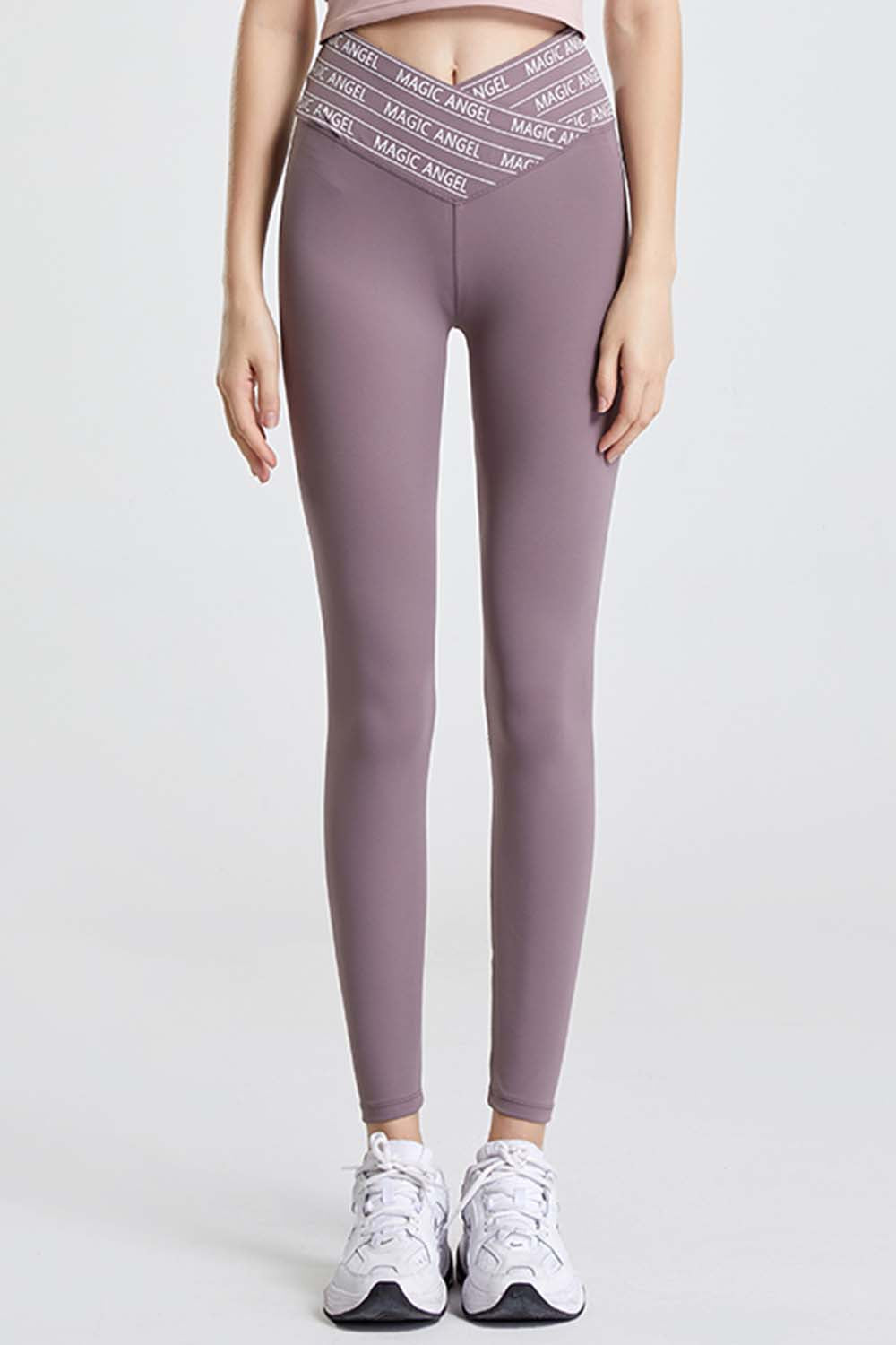 Mauve Angel Band active leggings with a V-shaped waistband and white logo detail.