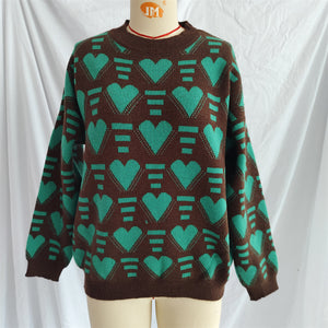 Brown acrylic knit jumper with allover geometric heart pattern in neon green.