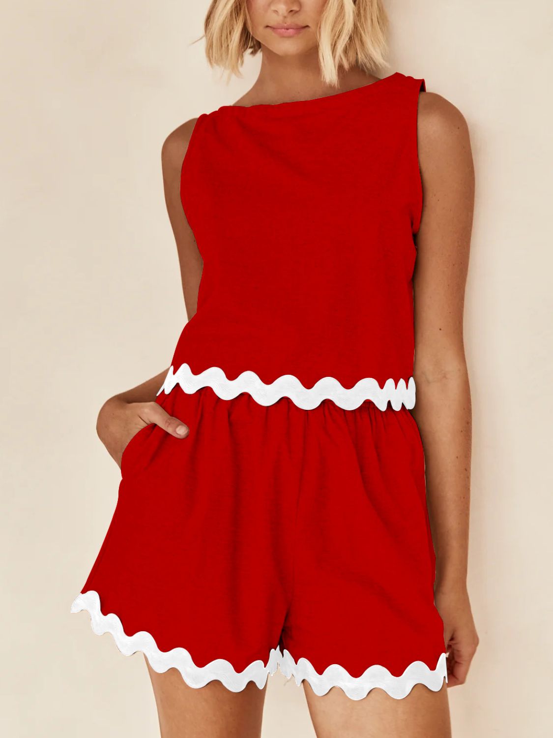 Scalloped edge tank and shorts set in Scarlet red with white trim.