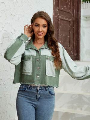 Textured colorblock cropped jacket in matcha green with raw edges and button pockets.