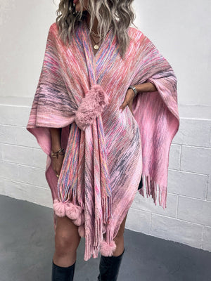 Pink multi-color knit wrap coat with pom-pom trim and fringe hem