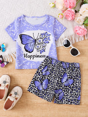 Children's purple butterfly graphic tee and leopard print shorts set.