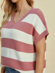 Bold Stripe Cap-Sleeve Knit Top in Dusty Pink and White with V-neck