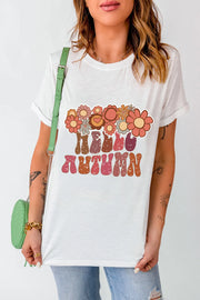 White graphic t-shirt with retro floral "Hello Autumn" print