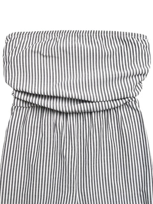 Stripe maternity romper cover up with cinched waist detail and wide legs.