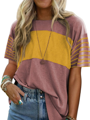 Loose fit color block t-shirt with dusty pink and mustard yellow, striped sleeves.