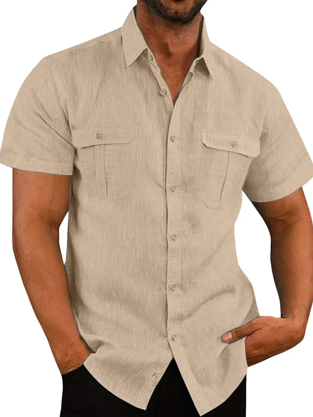 Men's beige textured linen utility shirt with short sleeves and two chest pockets.