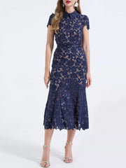 Dark Blue floral lace midi dress with belt and collar