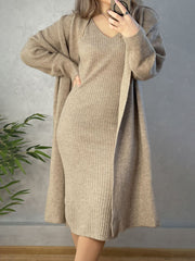 Ribbed knit midi dress and duster set in Gum Leaf acrylic, with a V-neck cami dress and long cardigan.