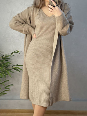 Ribbed knit midi dress and duster set in Gum Leaf acrylic, with a V-neck cami dress and long cardigan.
