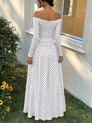 Off-the-shoulder Maxi Dress in Brown, model styling view