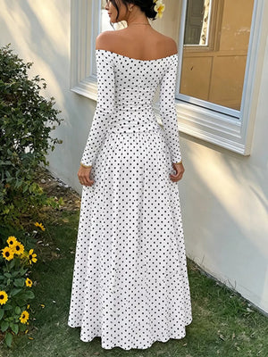 Off-the-shoulder Maxi Dress in Brown, model styling view