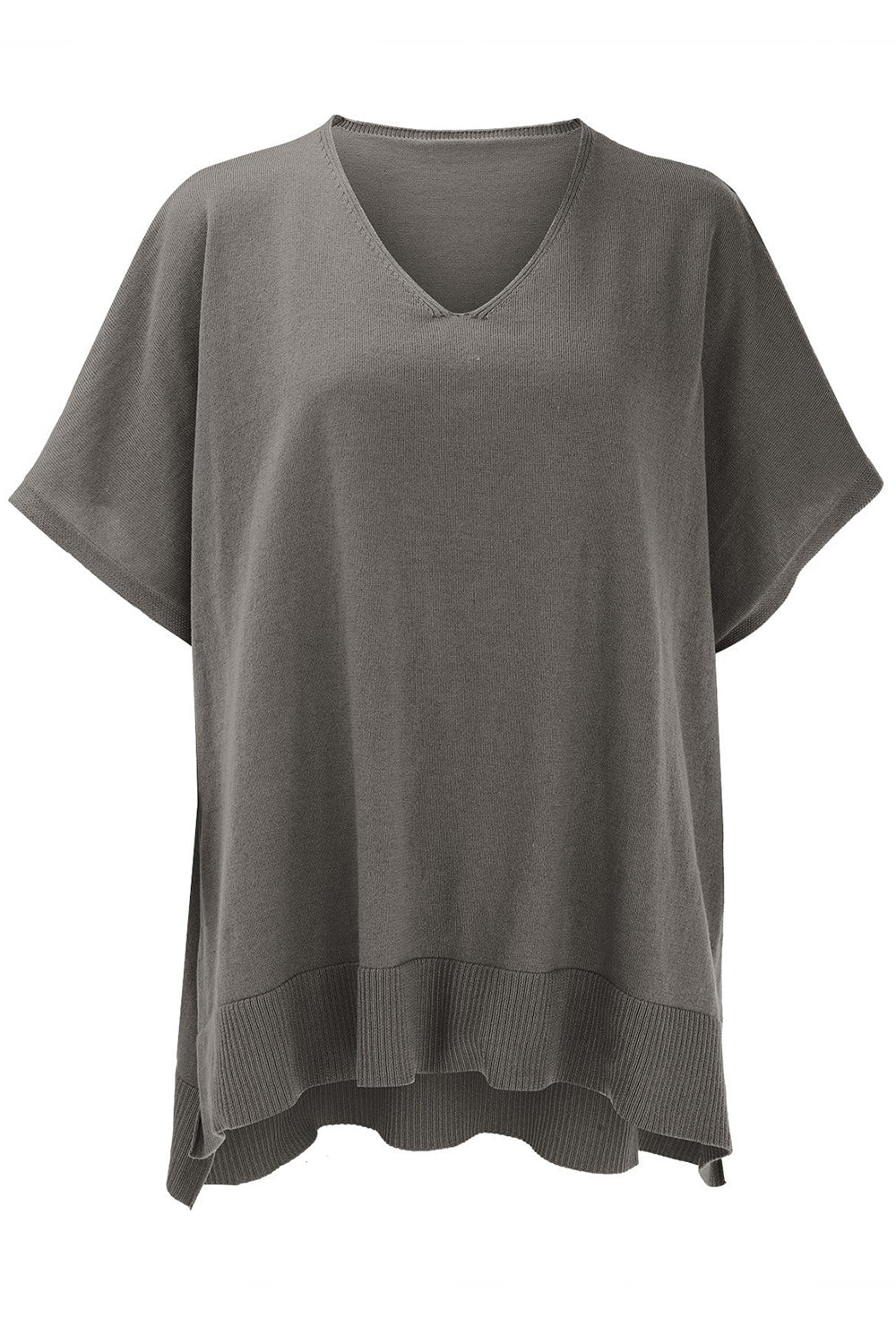 Relaxed V-neck knit poncho top in dark gray with short sleeves and ribbed hem.