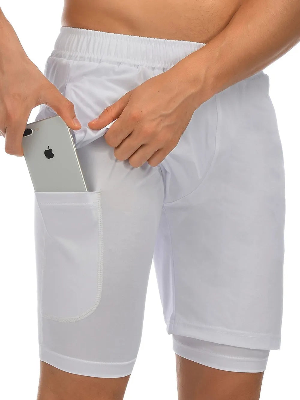 White dual-layer training shorts with phone pocket detail