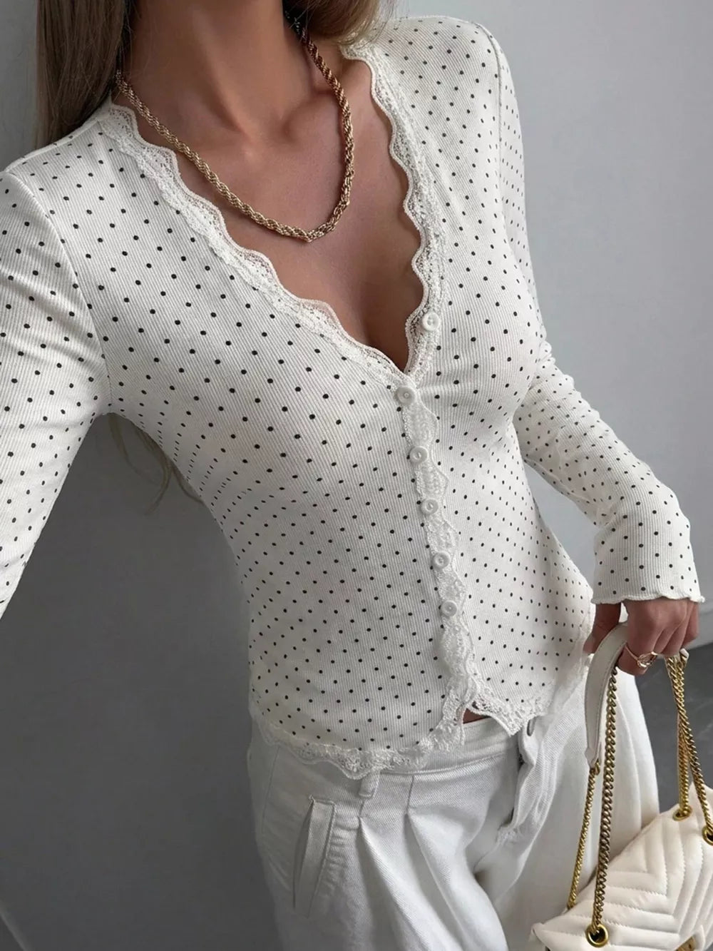Lace Trim V-neck Ribbed Long Sleeve Blouse in Dark Blue, side view