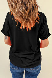 Black casual t-shirt with cuffed short sleeves and a graphic print on the back.