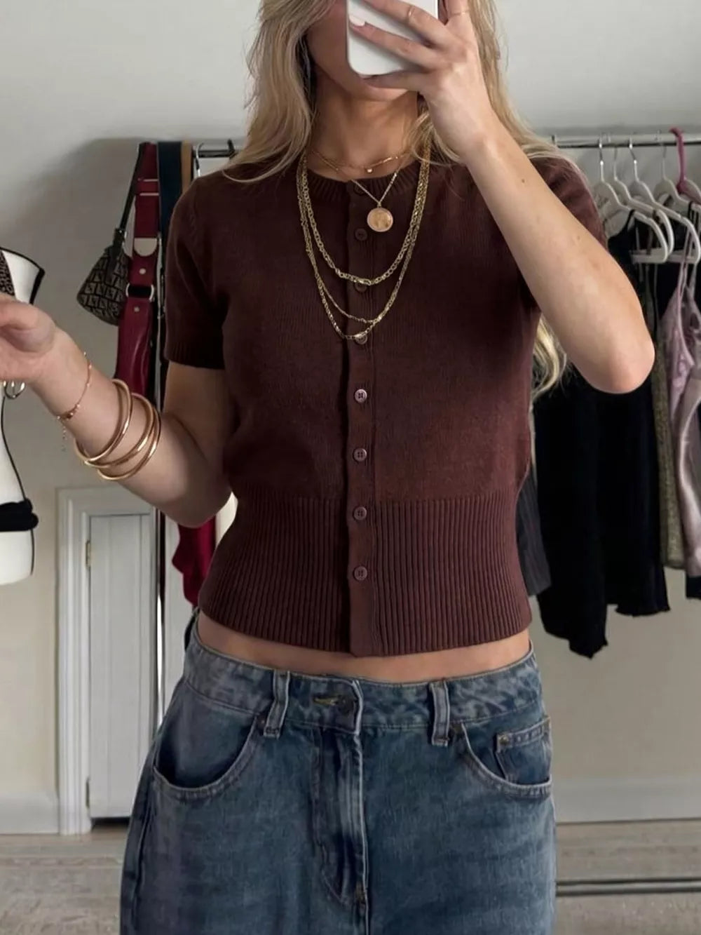 Short-sleeve Button-up Cardigan in Brown, close-up detail