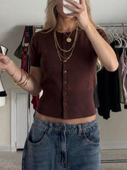 Short-sleeve Button-up Cardigan in Brown, close-up detail
