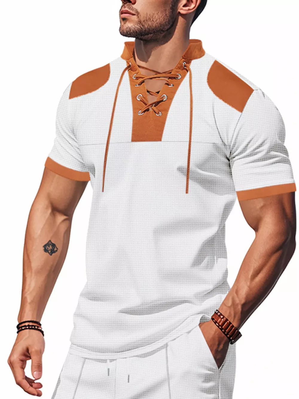 Men's white short sleeve tee with apricot lace-up neckline and shoulder accents.