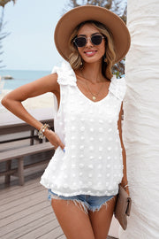 White textured ruffle-sleeve tank top with a V-neck and polka dot pattern.