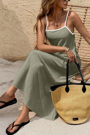 Spaghetti Strap Maxi Dress With Contrast Trim in Matcha Green, back view