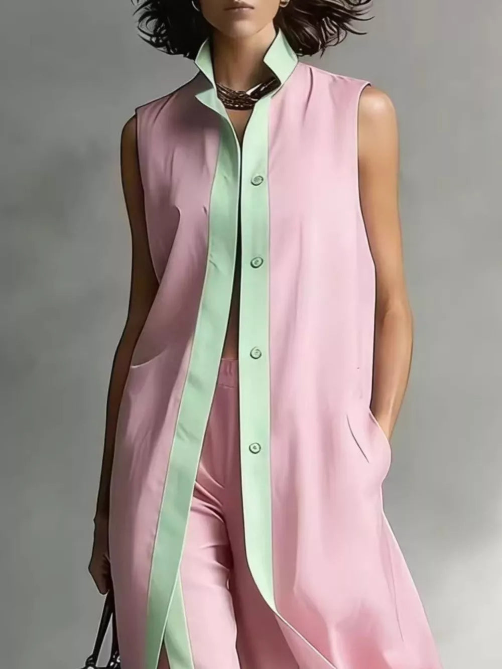 Sleeveless Longline Vest And Wide-leg Pants Set in Pink, fabric detail
