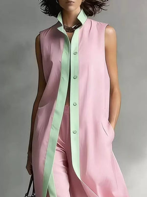 Sleeveless Longline Vest And Wide-leg Pants Set in Pink, fabric detail