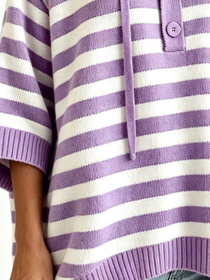Striped Hooded Sweater With Button Detail in Blue, product detail