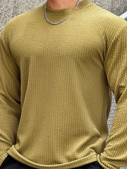 Men's yellow-green textured long sleeve tee with a round neck.