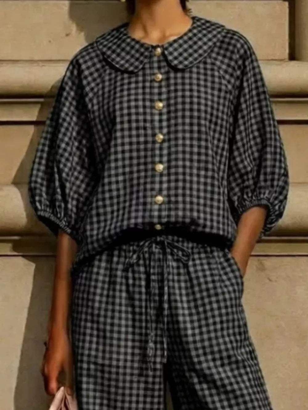 Full Size Plaid Button Up Shirt And Pants Set Plus Size, fit detail