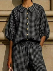 Full Size Plaid Button Up Shirt And Pants Set Plus Size, fit detail