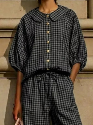 Full Size Plaid Button Up Shirt And Pants Set Plus Size, fit detail