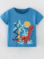 Toddler cerulean cotton graphic tee with abstract dinosaur and palm tree print.