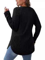 Black ribbed knit long sleeve maternity t-shirt with crew neck and curved hem.