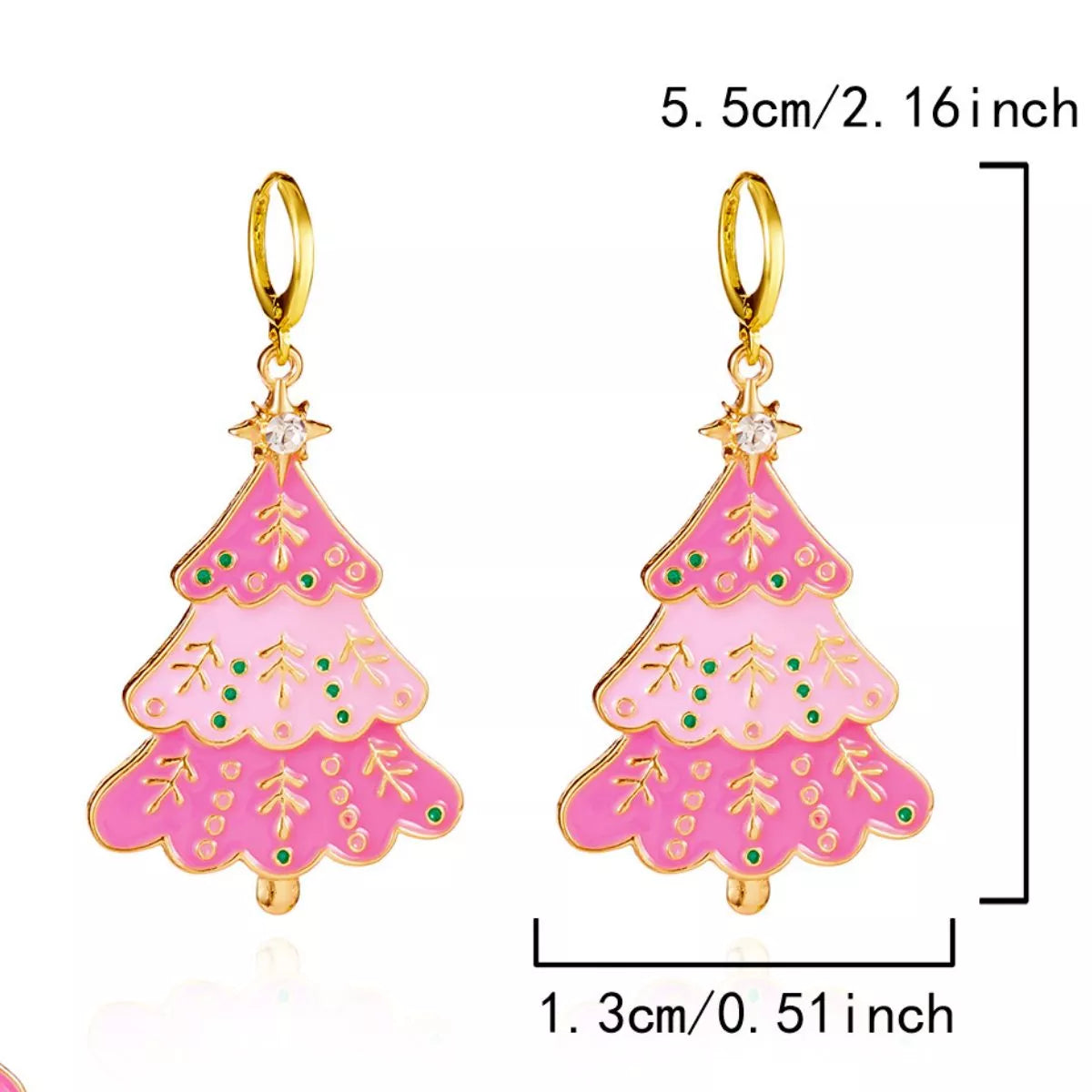 Christmas tree dangle earrings in blush pink with green polka dots and gold accents.