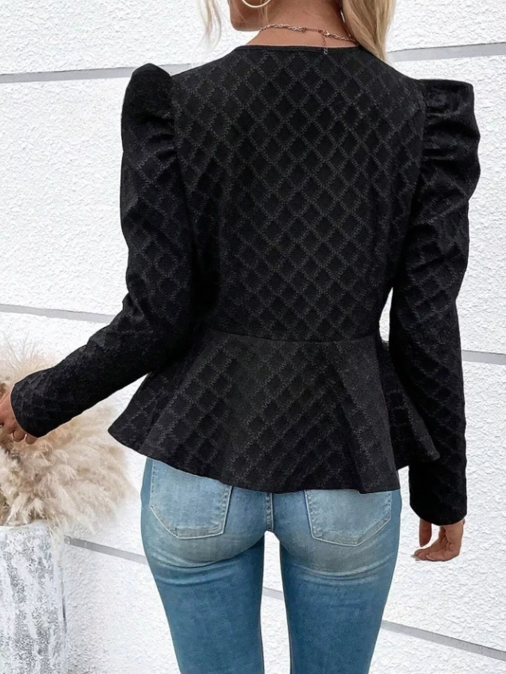 Puff Sleeve Textured Jacquard Jacket in Pink, close-up detail