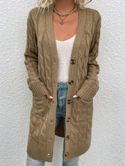 Tan cable knit button-down cardigan with pockets and a V-neck.