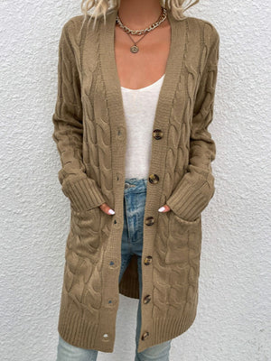 Tan cable knit button-down cardigan with pockets and a V-neck.