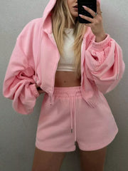 Zip Up Drawstring Outerwear And Shorts Set in White, fabric detail