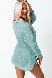 Light Green Waffle Knit Button-Down Shirt Jacket with collar and long sleeves.