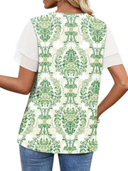 Green floral damask t-shirt with layered short sleeves and a white sheer overlay.