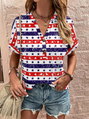 Americana Henley print top with button detail and V-neck.