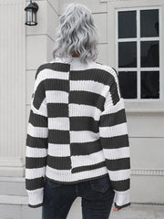 Dreamweave Drape Sweater in black and white checkerboard stripe knit acrylic.