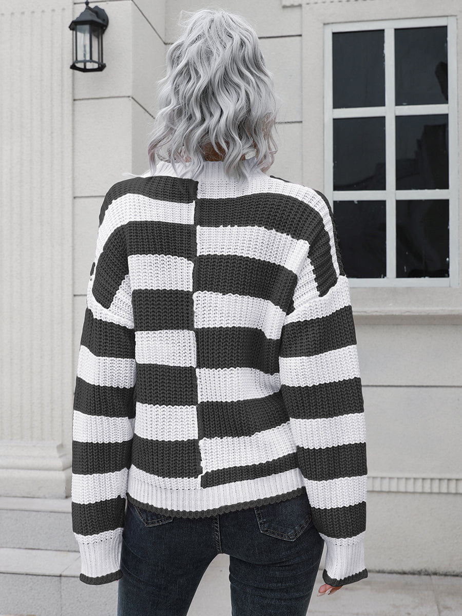 Dreamweave Drape Sweater in black and white checkerboard stripe knit acrylic.