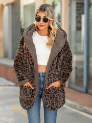 Leopard print sherpa hooded duster coat in chestnut with open front and pockets.