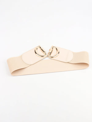 Cream elastic belt with double D gold buckle and faux leather accents